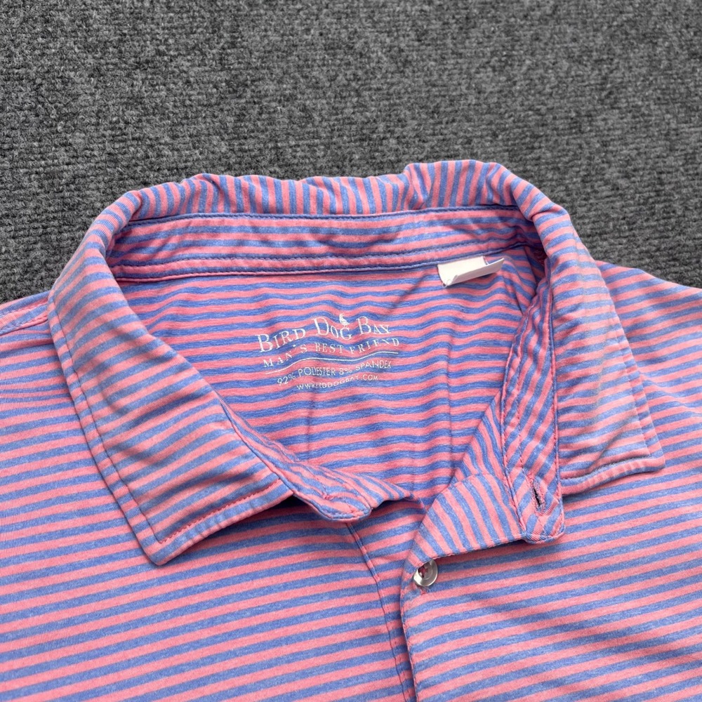 Bird Dog Bay Golf Performance Polo Pink Blue Striped Short Sleeve Shirt